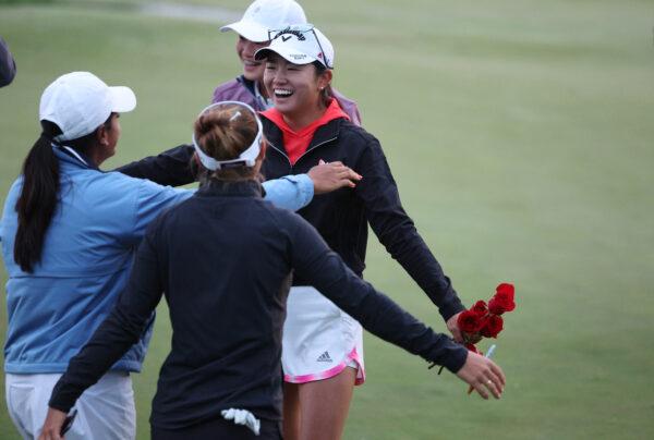 Rose Zhang of Irvine, Calif., celebrates winning the Mizuho Americas Open in a playoff over Jennifer Kupcho of the United States during the final round at the Liberty National Golf Club in Jersey City, N.J., on June 4, 2023. (Elsa/Getty Images)