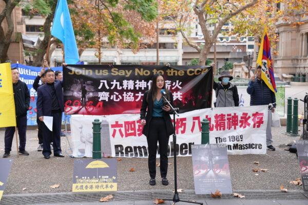 Sophie Tsai spoke at the rally in Sydney on June 4, 2023. (Tom Yu/The Epoch Times)