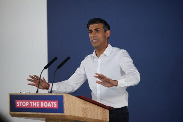 Prime Minister Rishi Sunak addresses journalists at the Western Jetfoil terminal in Dover, Kent, on June 5, 2023. (PA)