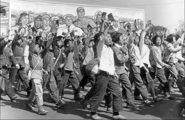 Red Guards, high school and university students, on parade in June 1966 in Beijing. The Red Guards went on a rampage in Chinese towns, terrorizing people, particularly older ones. (Jean Vincent/AFP via Getty Images)