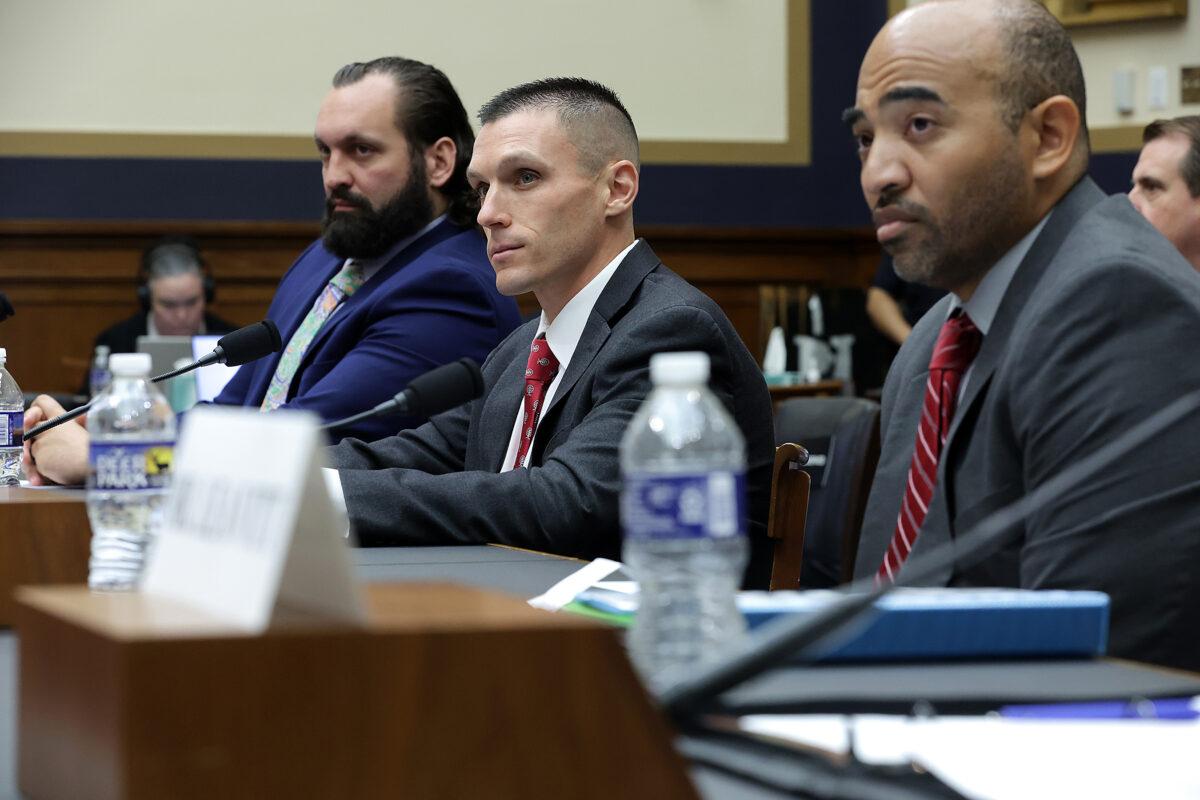 Suspended FBI special agent Garret O’Boyle, former FBI special agent Steve Friend, and suspended FBI analyst Marcus Allen testify during a hearing before the Select Subcommittee on the Weaponization of the Federal Government of the House Judiciary Committee on May 18, 2023. (Alex Wong/Getty Images)