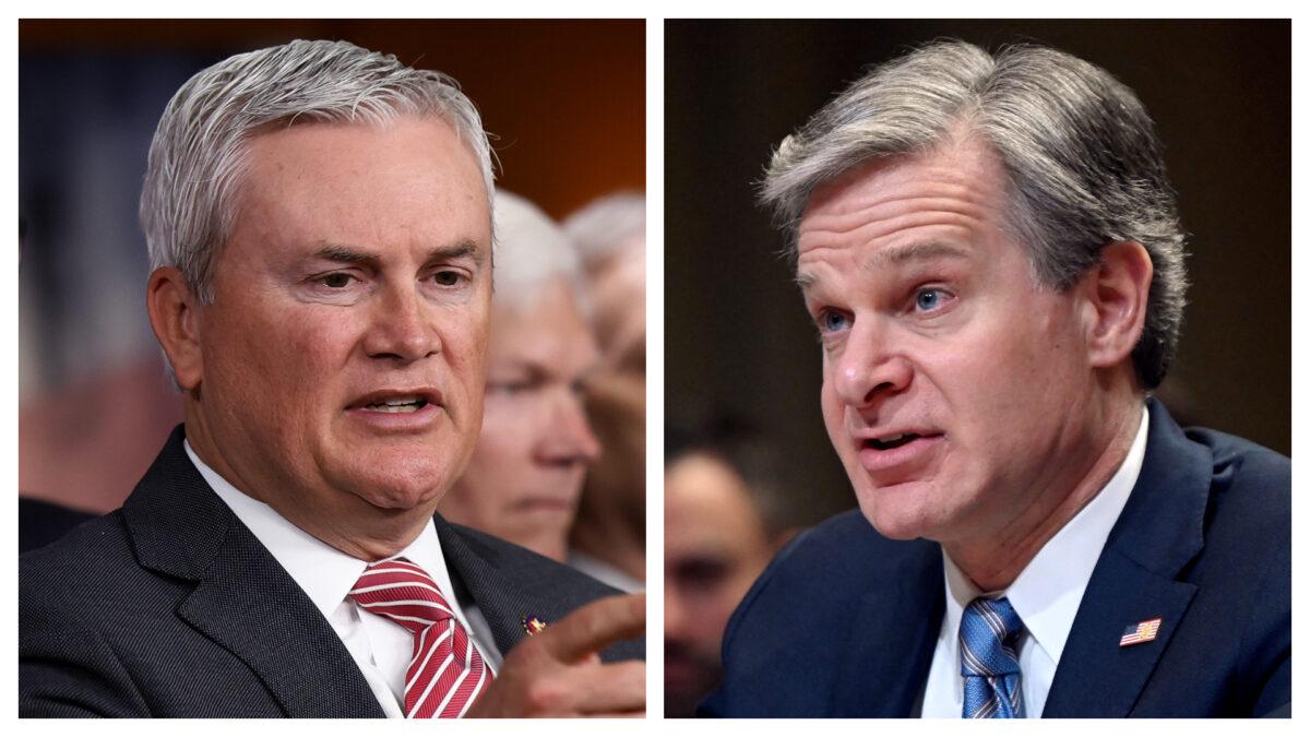 (Left) House Oversight and Accountability Committee Chairman James Comer (R-Ky.) holds a news conference to present preliminary findings into their investigation into President Joe Biden's family, in Washington on May 10, 2023. (Chip Somodevilla/Getty Images); (Right) FBI Director Christopher Wray testifies before a Senate Appropriations subcommittee on the president's 2024 budget request for the agency in Washington on May 10, 2023. (Olivier Douliery/AFP via Getty Images)