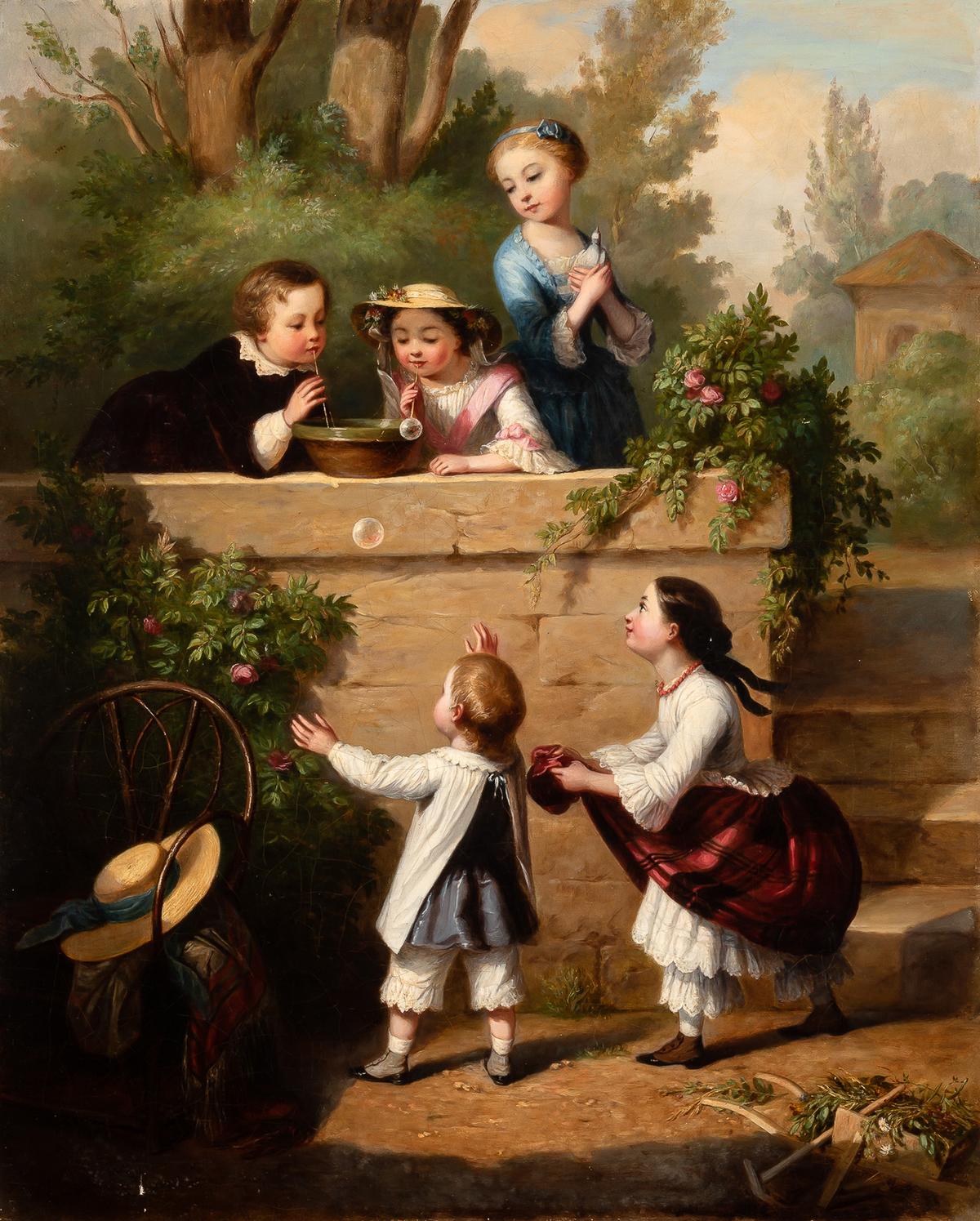 Children blowing bubbles, circa 1840–1860, attributed to Clara Nargeot. Oil on canvas. Private collection. (Public Domain)