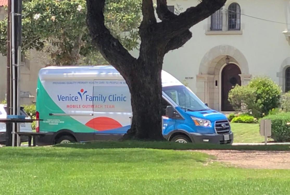 A Venice Family Clinic van is seen in a park in Santa Monica, Calif. The organization operates a needle distribution program in the city. (Courtesy of John Alle)