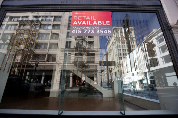 A for lease sign hangs in the window of a closed business in San Francisco, Calif., on April 16, 2021. (Justin Sullivan/Getty Images)