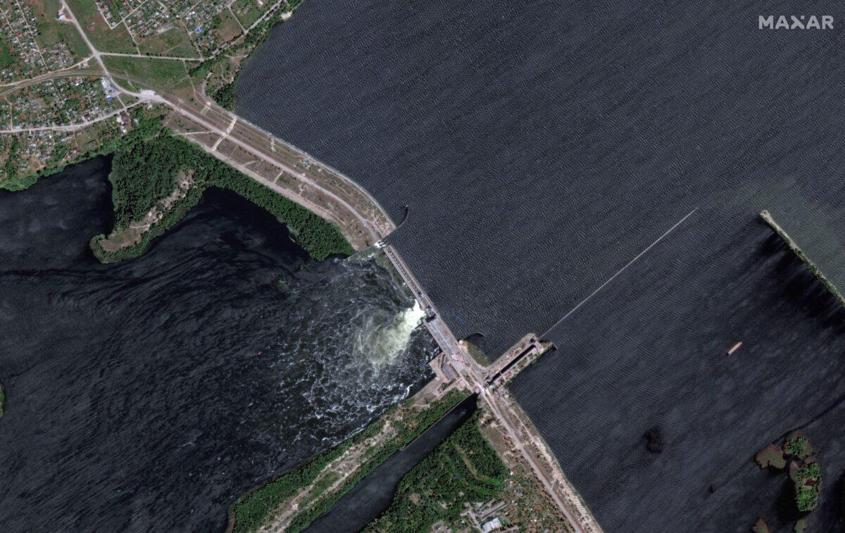 A satellite image shows Nova Khakovka dam in the Kherson region, Ukraine, on June 5, 2023. (Maxar Technologies/Handout via Reuters)