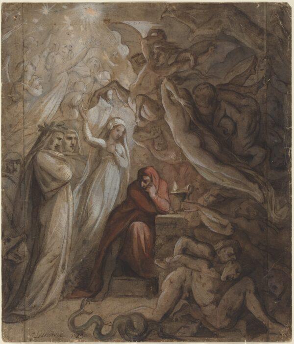 “Dante Meditating on ‘The Divine Comedy,’" 1843, by Jean-Jacques Feuchère. Pen and brown ink with brown wash and watercolor over graphite, heightened with white gouache, on three joined sheets of laid paper; 16 5/8 inches by 14 3/16 inches. Gift of the Christian Humann Foundation (1996), National Gallery of Art, Washington. (Public Domain)