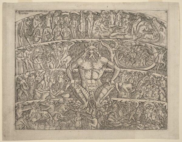 “The Inferno, After the Fresco in the Camposanto, in Pisa, Italy” circa 1480 or 1500, artist unknown. Engraving; 9 15/16 inches by 12 11/16 inches. Rosenwald Collection, National Gallery of Art, Washington. (Public Domain)