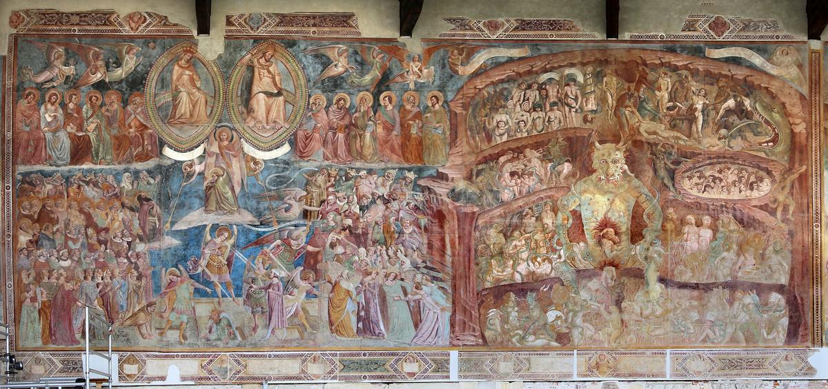 “The Inferno,” 1336-1341, by Buonamico Buffalmacco. Fresco mounted on canvas in the Campo Santo, in Pisa, Italy. A copy of Buffalmacco’s depiction of Hell (on the right) is featured in an engraving in the “Dante: Going Through Hell” exhibition at the National Gallery of Art, Washington. (Sailko/CC BY 3.0)