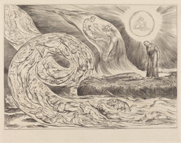 “The Circle of the Lustful: Paolo and Francesca,” 1827, by William Blake. Engraving; 17 3/16 inches by 23 9/16 inches. Rosenwald Collection, National Gallery of Art, Washington. (Public Domain)