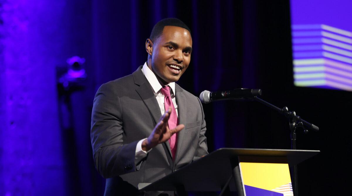 Rep. Ritchie Torres speaks on stage during a Community Service Society of New York event at City Winery, in New York, on Oct. 20, 2022. (Monica Schipper/Getty Images for The Community Service Society of New York)