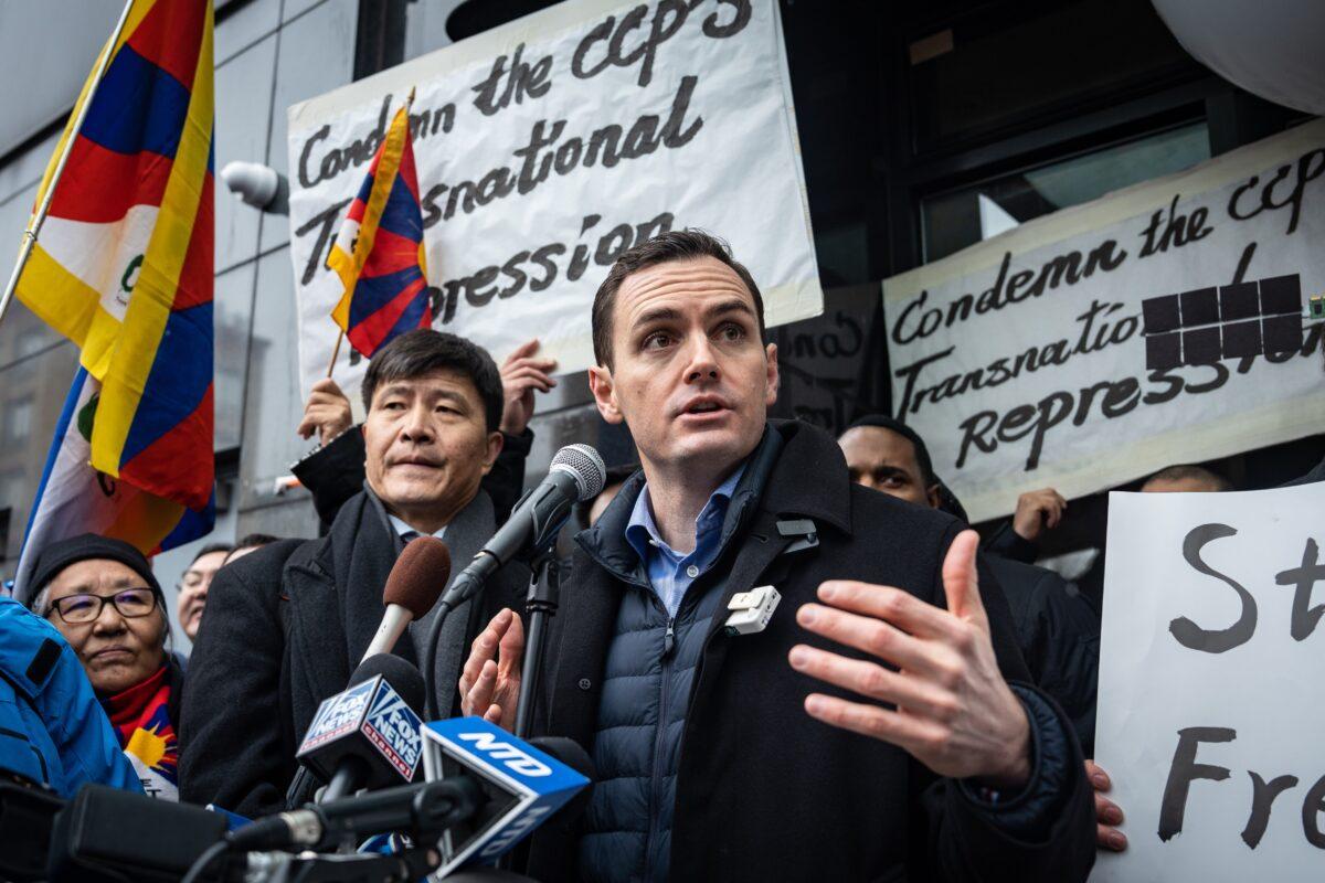 Rep. Mike Gallagher (R-Wis.) speaks at a press conference and rally in front of the America ChangLe Association highlighting Beijing's transnational repression, in New York City on Feb. 25, 2023. A now-closed overseas Chinese police station is located inside the association building. (Samira Bouaou/The Epoch Times)