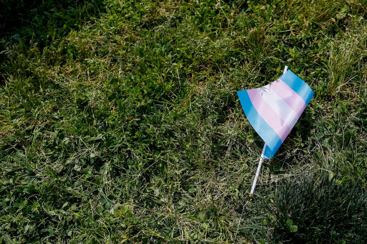 A transgender flag sits on the grass outside of the U.S. Capitol building in Washington, on May 22, 2023. (Anna Moneymaker/Getty Images)