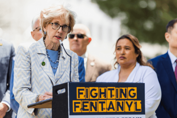 California Assemblywoman Diane Dixon (R-Newport Beach) speaks at a press conference where California assemblymembers, law enforcement officials, and local representatives propose to put stricter fentanyl enforcement on the upcoming 2024 ballot, in front of the Capitol in Sacramento on June 6, 2023. (Courtesy of Assembly Republican Caucus)