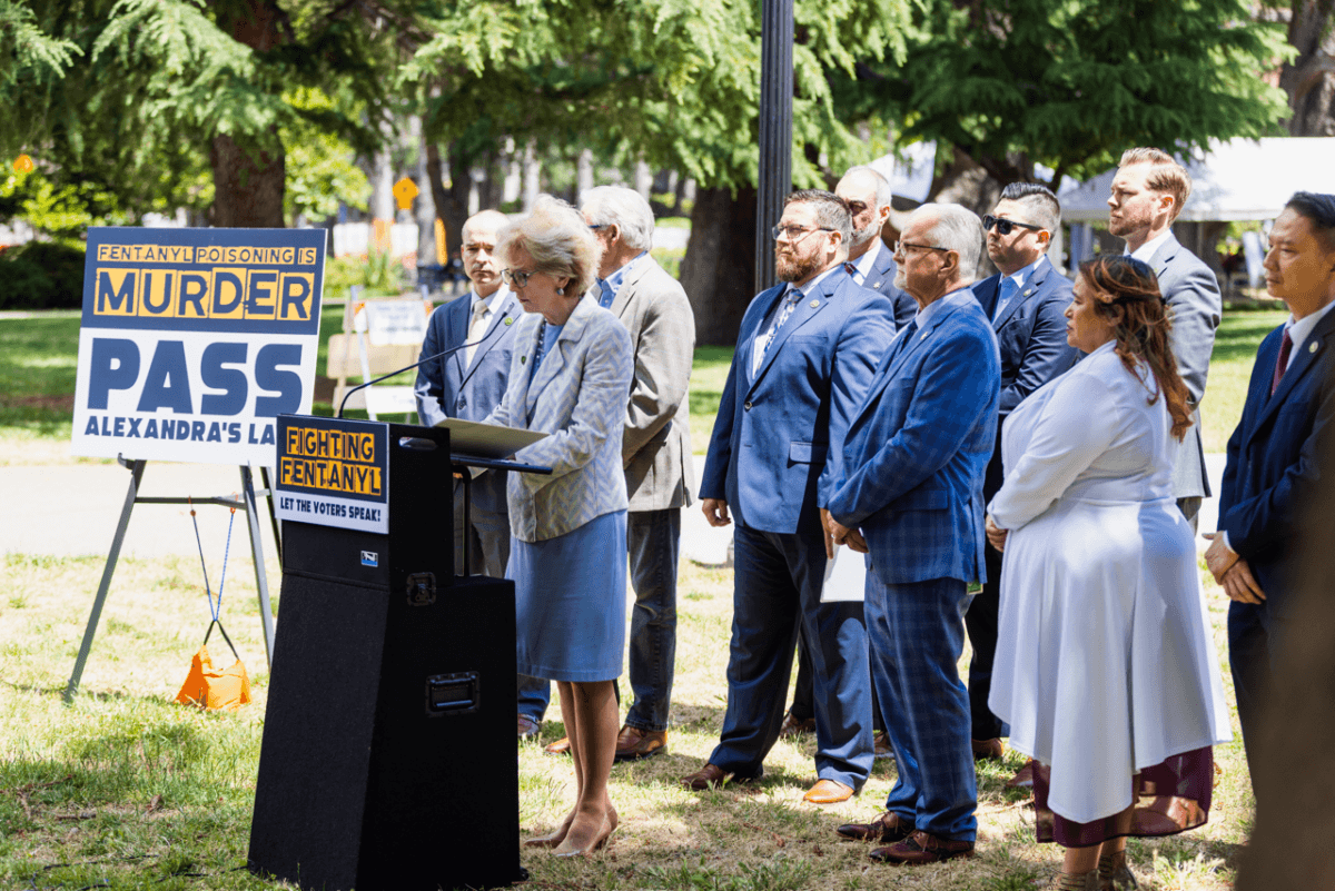 California Assemblymembers, law enforcement officials, and local representatives met in front of the state Capitol in Sacramento on June 6, 2023, to announce a proposed constitutional amendment that would put stricter fentanyl enforcement on the upcoming 2024 presidential election ballot. (Courtesy of Assembly Republican Caucus)