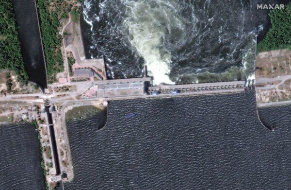 The Nova Kakhovka dam and hydroelectric power facility in Ukraine on June 6, 2023. (Maxar Technologies/Handout via Reuters)