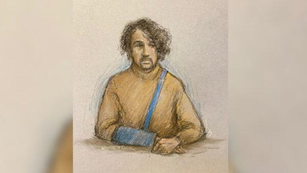 An artist's sketch of Louis De Zoysa appearing at a pre-trial hearing at the Old Bailey in London on March 28, 2023. (Elizabeth Cook/PA)