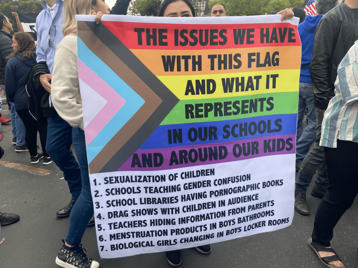 A person holds a sign at a demonstration outside of Glendale Unified’s board meeting, where the school board voted unanimously to proclaim June 2023 as “LGBT Pride Month,” in Glendale, Calif., on June 6, 2023. (Micaela Ricaforte/The Epoch Times)