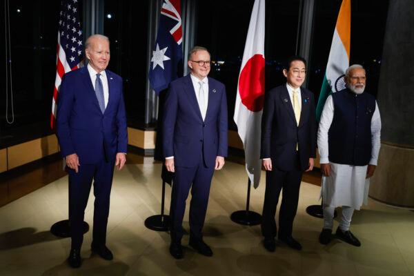 (L–R) U.S. President Joe Biden, Australia's Prime Minister Anthony Albanese, Japan's Prime Minister Fumio Kishida, and India's Prime Minister Narendra Modi hold a Quad meeting on the sidelines of the G–7 summit, at the Grand Prince Hotel in Hiroshima, western Japan, on May 20, 2023. (Jonathan Ernst/Pool Photo via AP)