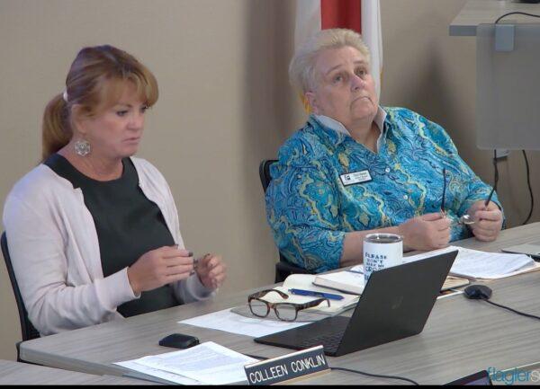 Flagler County school board vice chair Colleen Conklin (left) and chair Cheryl Massaro (right) at the June 6 school board workshop. (Screenshot/Flagler County Schools)