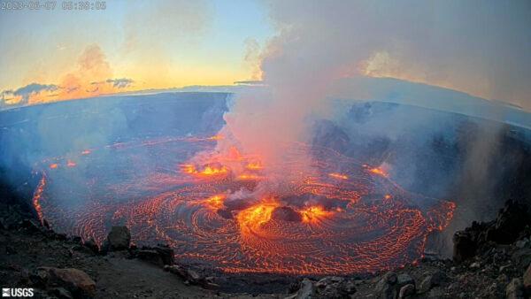 In this webcam image provided by the U.S. Geological Survey, an eruption takes place on the summit of the Kilauea volcano in Hawaii on June 7, 2023. Kilauea, the second-largest volcano in Hawaii, began erupting that morning, officials with the U.S. Geological Survey said in a statement. Kilauea, one of the world's most active volcanoes, erupted from Sept. 2021 to Dec 2022. A 2018 Kilauea eruption destroyed more than 700 residences. (U.S. Geological Survey via AP)