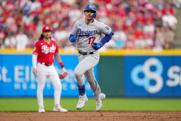 Miguel Vargas (17) of the Los Angeles Dodgers rounds the bases on a solo home run in the second inning against the Cincinnati Reds at Great American Ball Park in Cincinnati on June 7, 2023. (Dylan Buell/Getty Images)