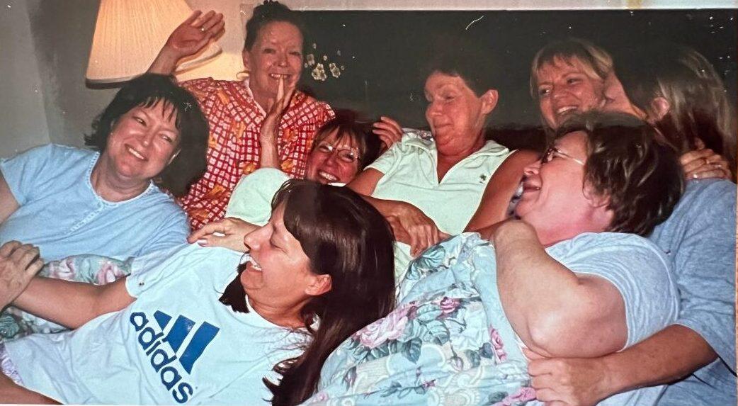 (L-R) Kay, Cindy, Annie, Mickey, Barbara, Bobby, Pam, and Vicky on their first sleepover. (Courtesy of Barbara Lane)