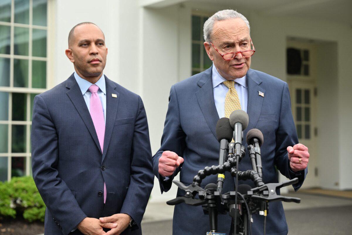 Senate Majority Leader Chuck Schumer (D-N.Y.) and House Minority Leader Hakeem Jeffries (D-N.Y.) speak to members of the media at the White House in Washington, on May 16, 2023. (Mandel NGAN / AFP via Getty Images)