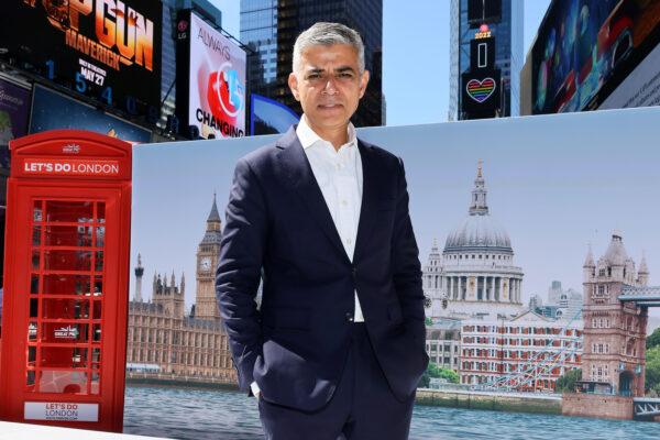 London Mayor Sadiq Khan poses during the "Let's Do London" U.S. tourism campaign launch in Times Square, New York, on May 9, 2022. (Dia Dipasupil/Getty Images)