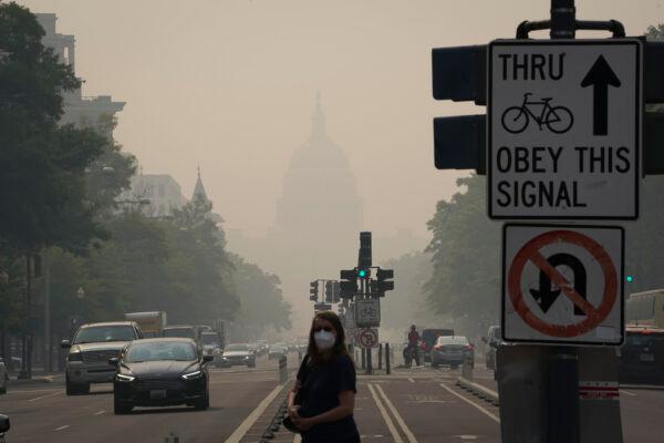 The U.S. Capitol building is under a haze of smoke caused by the ongoing wildfires in Canada in Washington on the morning of June 8, 2023. (Madalina Vasiliu/The Epoch Times)