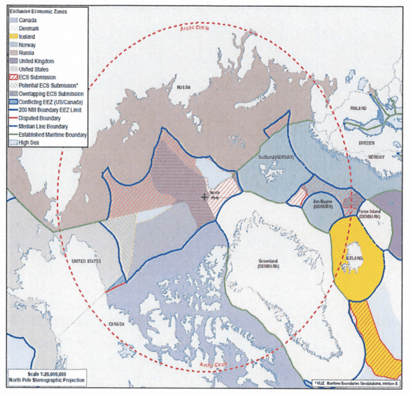 A top-of-the-globe map of the Arctic Ocean illustrates how a receding polar ice cap is opening sea lanes directly linking three continents. (US Navy 2019 Strategic Outlook for the Arctic)