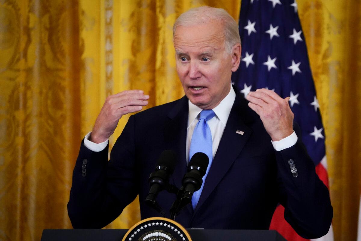 U.S. President Joe Biden speaks during a press conference with UK Prime Minister Rishi Sunak in the East Room of the White House in Washington on June 8, 2023. (Madalina Vasiliu/The Epoch Times)