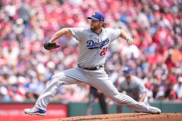 Los Angeles Dodgers starting pitcher Clayton Kershaw (22) throws in the first inning of a baseball game against the Cincinnati Reds in Cincinnati on June 8, 2023. (Jeff Dean/AP Photo)