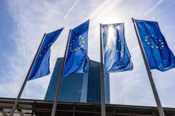 European flags fluttering in front of the European Central Bank in Frankfurt, Germany, on May 4, 2023. (Andre Pain/AFP via Getty Images)