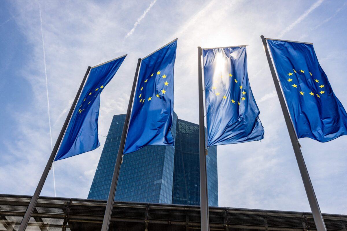 European flags flutter in front of the European Central Bank (ECB) on May 4, 2023. (Andre Pain/AFP/Getty Images)