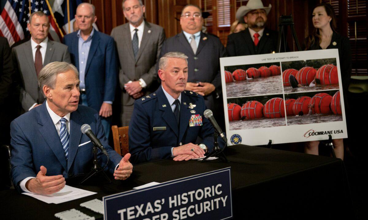 Texas Gov. Greg Abbott speaks about an illustration of new border security implementation during a news conference at the Texas State Capitol in Austin, Texas, on June 8, 2023. (Brandon Bell/Getty Images)