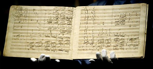 The manuscript for Ludwig van Beethoven's first edition of the Ninth Symphony, on sale at Sotheby's on May 22, 2003.  (Ian Waldie/Getty Images)