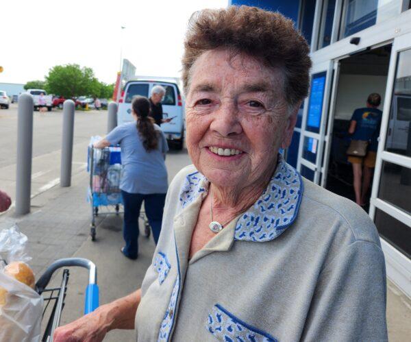 Betty Rall of Forbes, North Dakota, voices support for President Donald Trump outside of Walmart in Aberdeen, South Dakota, on June 9, 2023. (Allan Stein/The Epoch Times)