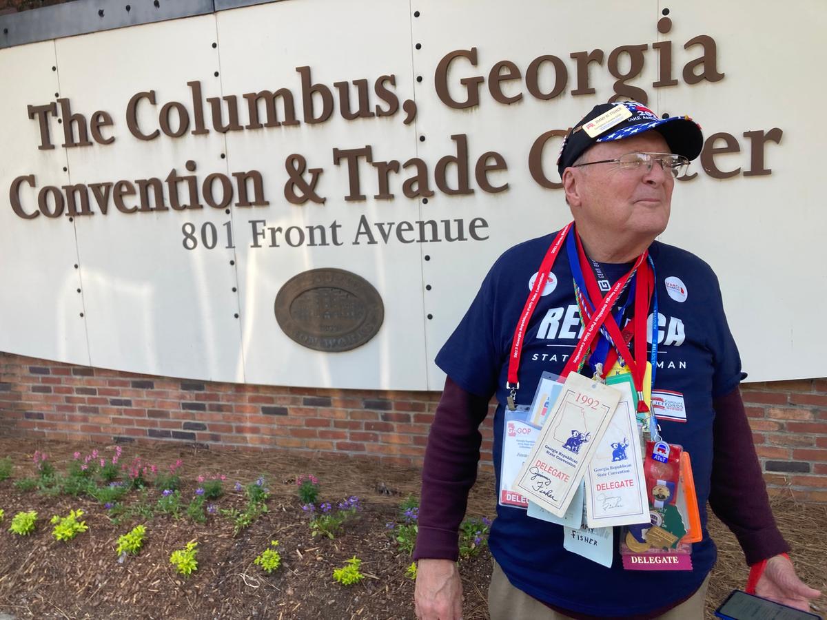 Jimmy Fisher, a longtime delegate to the Georgia GOP convention, waits for a ride outside The Columbus, Georgia Convention & Trade Center on June 9, 2023. (Janice Hisle/The Epoch Times)