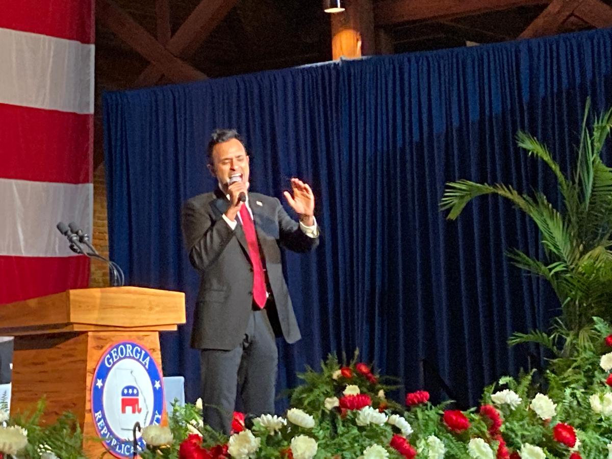Vivek Ramaswamy, a challenger for the Republican presidential nomination in 2024, speaks to the Georgia GOP Convention in Columbus, Georgia, on June 9, 2023. (The Epoch Times/Janice Hisle)