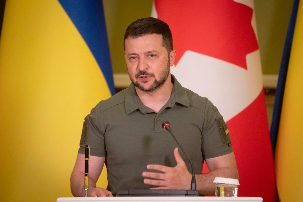 Ukrainian President Volodymyr Zelenskyy speaks during a joint press conference with Canada's Prime Minister Justin Trudeau in Kyiv, Ukraine, on June 10, 2023. (Efrem Lukatsky/AP Photo)