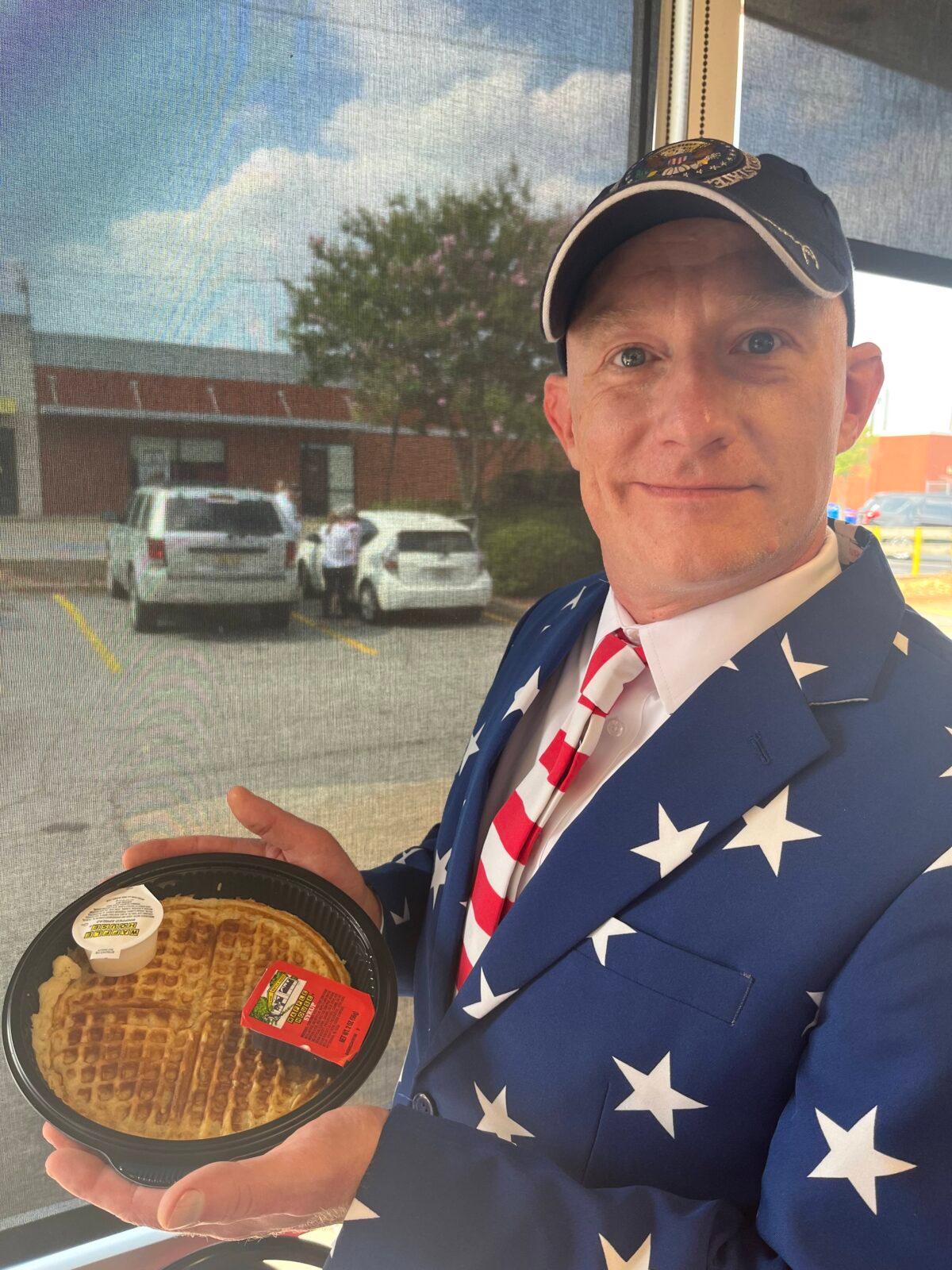 Cliff Rhodes, 45, was among the guests invited to be treated to a waffle, courtesy of former President Donald Trump, at a Waffle House in Columbus, Ga., on June 10, 2023. (Courtesy of Cliff Rhodes)