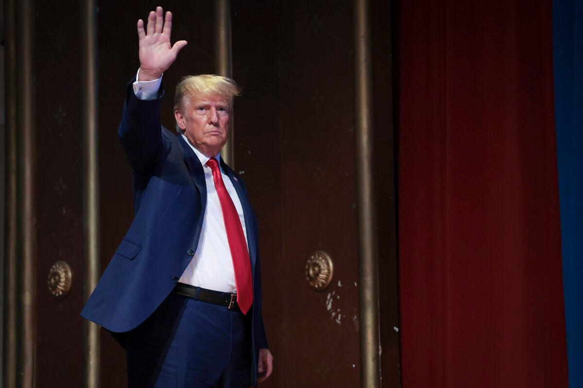 Republican presidential candidate former President Donald Trump gestures to the audience after delivering remarks in Greensboro, N.C., on June 10, 2023. (Win McNamee/Getty Images)