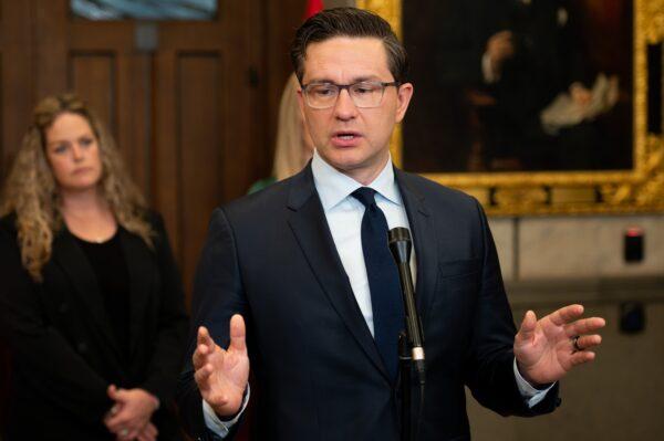 Conservative Party Leader Pierre Poilievre speaks to reporters in the Foyer of the House of Commons on Parliament Hill in Ottawa, on June 11, 2023. (The Canadian Press/Spencer Colby)