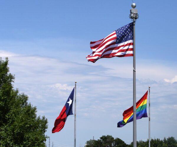 The pride flag is displayed at the Young Women’s Leadership Summit at the Gaylord Texan Resort and Convention Center in Grapevine, Texas, on June 10, 2023. (Bobby Sanchez/The Epoch Times)