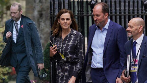 Former communications chief Jack Doyle (L)—who has been nominated in Boris Johnson's resignation honours list, along with former aides (L to R) Samantha Cohen, Guto Hari and David Canzini—outside Downing Street on Nov 12., 2020 and July 12, 2022. (PA)