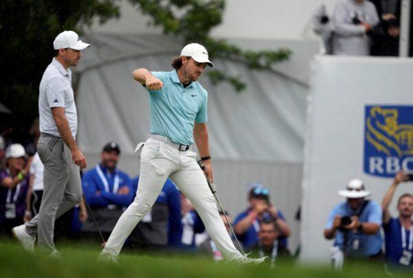 Tommy Fleetwood, of Southport, U.K., reacts after making his putt on the 1st playoff hole during final round golf action at the Canadian Open championship in Toronto on June 11, 2023. (THE CANADIAN PRESS/Andrew Lahodynskyj/The Canadian Press via AP)