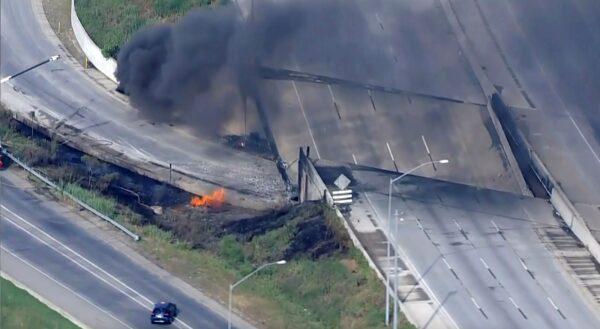 The fire and smoke near the collapsed section of I-95 in Philadelphia, Pa., on June 11, 2023. (WPVI-TV/6ABC via AP)