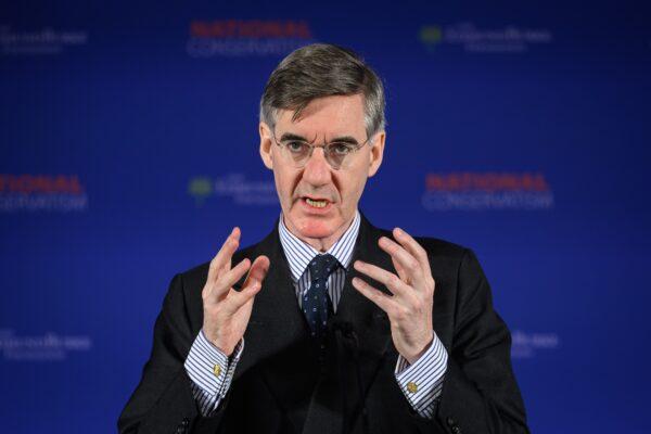 Conservative MP Jacob Rees-Mogg delivers his keynote address during the National Conservatism conference at the Emmanuel Centre in London, on May 15, 2023. (Leon Neal/Getty Images)