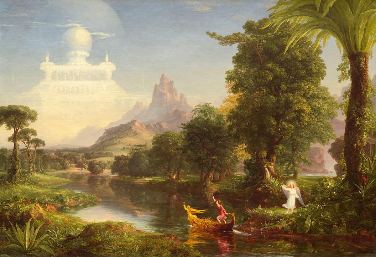 “The Voyage of Life: Youth,” 1842, by Thomas Cole. Oil on canvas; 52.8 inches by 76.8 inches. National Gallery of Art, Washington. (Public Domain)